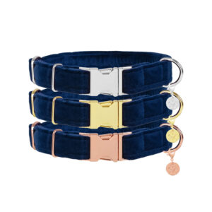 Nachhaltiges Hundehalsband Velvet Dunkelblau mit Rosegold, Silber oder Gold