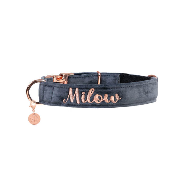 Nachhaltiges Hundehalsband Velvet Anthrazit mit Rosegold oder Silber – Bild 2