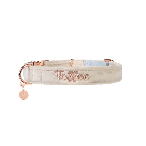 Nachhaltiges Hundehalsband Velvet Beige mit Rosegold oder Silber – Bild 2